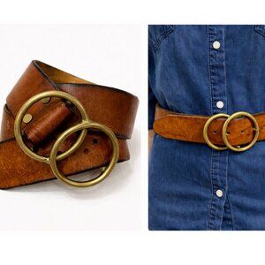 Tan Leather Belt with Gold Brass Buckle, Western Vintage Brown, Adjustable Size
